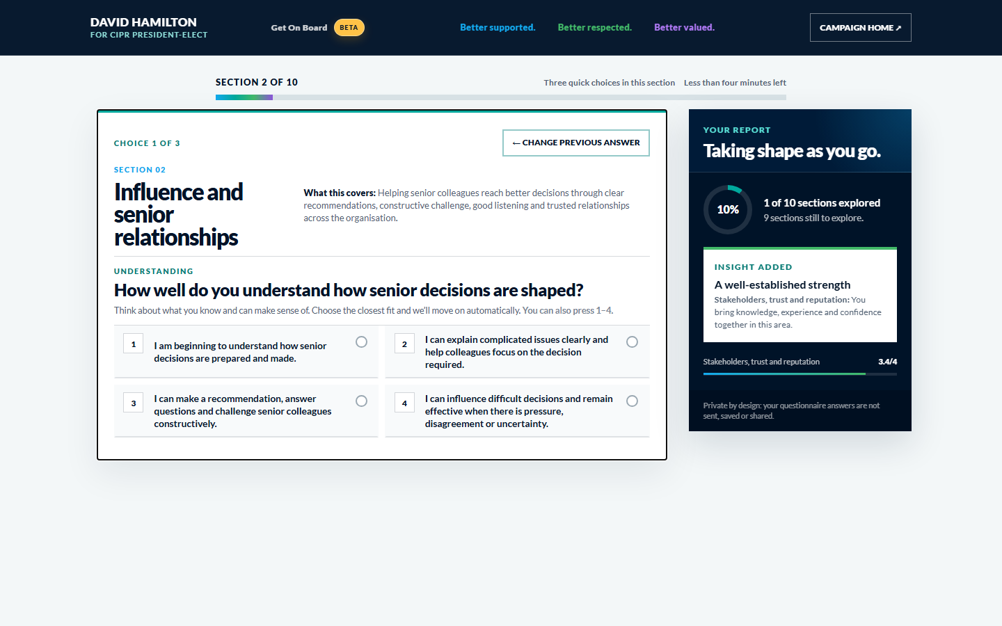 An example Get On Board question with four answer choices and a live report preview